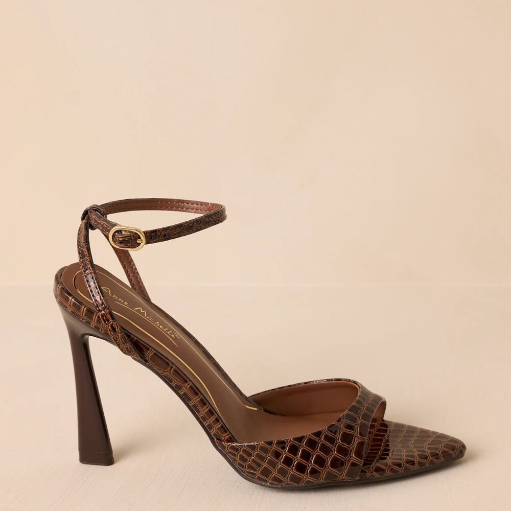 New Brown Crocodile Embossed Pointed Open Toe Stiletto Heel Sandals Ankle Strap - Picture 5 of 7